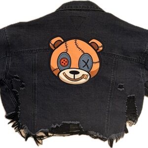 Black Cropped Denim Jacket w/ Bear Patch *S/M*